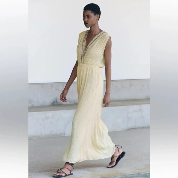 ZARA EMBROIDERED BEADED PASTEL YELLOW DRESS ZW COLLECTION - Picture 5 of 12